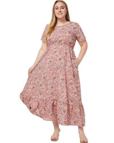 Plus size women's summer round neck short sleeve printed pocket dress