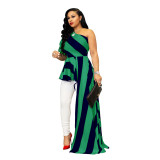 Fashionable slash shoulder striped long top