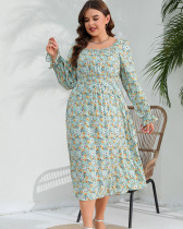 plus size long sleeve dress floral elastic waist elegant long dress