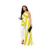 Fashionable slash shoulder striped long top
