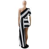 Fashionable slash shoulder striped long top