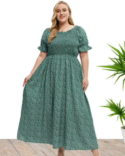 Plus size women's summer round neck short-sleeved pleated long dress long