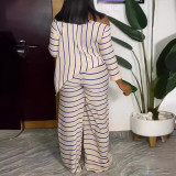 Slash shoulder striped print plus size two-piece pants set