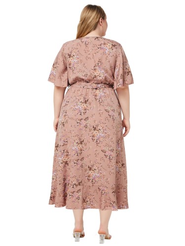 Plus size women's summer V-neck short-sleeved ruffle printed pocket dress