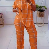 Round neck check print plus size two-piece pants set