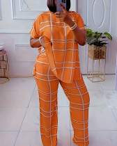 Round neck check print plus size two-piece pants set