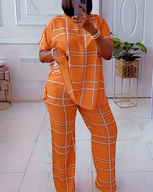 Round neck check print plus size two-piece pants set