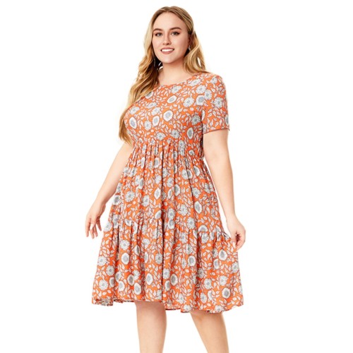 Plus size women's summer round neck short sleeve printed rayon dress
