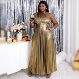 One-shoulder pleated side zipper plus size party maxi dress