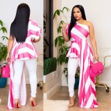Fashionable slash shoulder striped long top