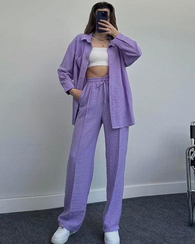 Fashion casual solid color long sleeves women's two-piece pants set loungewear