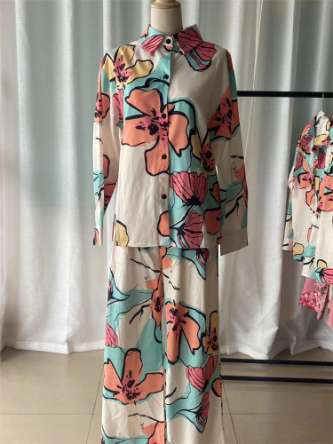 2024 Loose Fashion Printed Blouse High Waisted Wide Leg Pants Set