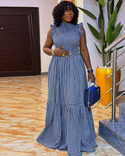 Printed ruffles sleeveless patchwork long dress
