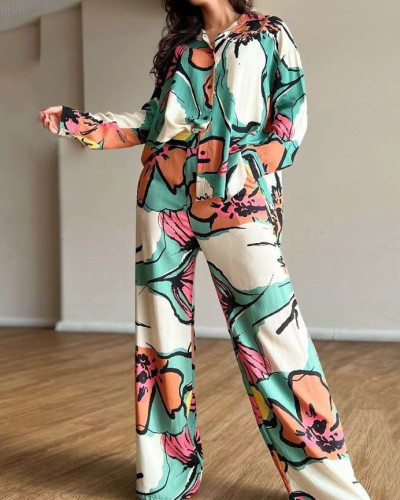 2024 Loose Fashion Printed Blouse High Waisted Wide Leg Pants Set