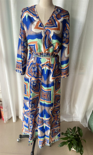 Fashionable multi-color printed tops slit wide-leg pants two piece set