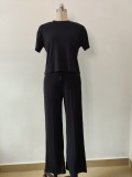 Fashion casual solid color short sleeves women's two-piece pants set loungewear