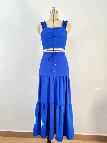 Fashion casual solid color sleeveless summer women's two-piece long skirt set