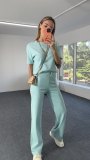 Fashion casual solid color short sleeves women's two-piece pants set loungewear