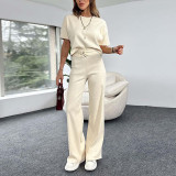 Fashion casual solid color short sleeves women's two-piece pants set loungewear