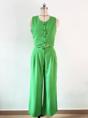 Fashion casual solid color sleeveless summer women's two-piece pants suit