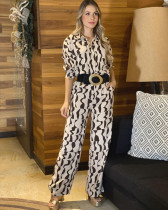 Fashionable printed long-sleeved casual blouse high-waisted straight pants two piece set