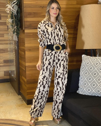 Fashionable printed long-sleeved casual blouse high-waisted straight pants two piece set