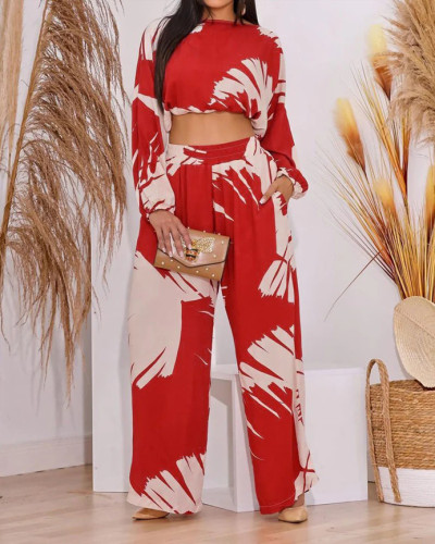 Fashionable casual printed round neck crop top high waist wide leg pants two piece set