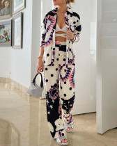 Temperamental long-sleeved commuter blouse high-waisted wide-leg pants set