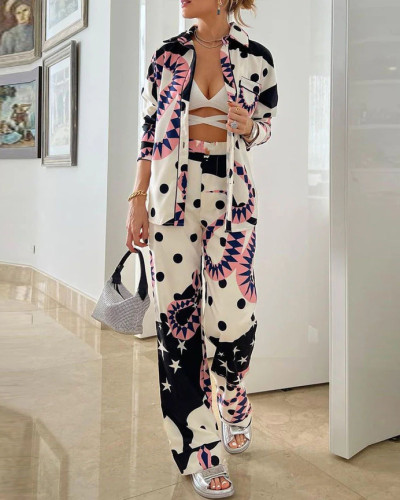 Temperamental long-sleeved commuter blouse high-waisted wide-leg pants set