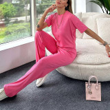 Fashion casual solid color short sleeves women's two-piece pants set loungewear
