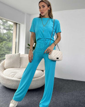 Fashion casual solid color short sleeves women's two-piece pants set loungewear
