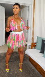 Sexy knitted tassel colorful beach skirt two-piece set