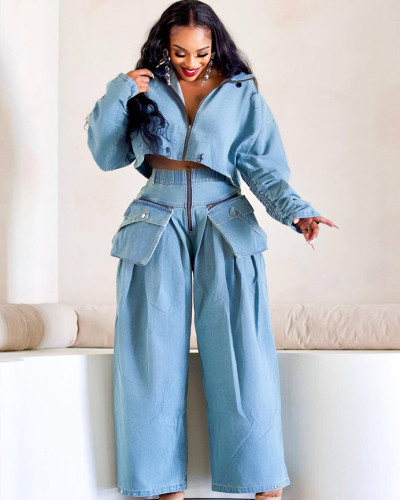 Fashionable retro wide-legged loose denim pants two-piece set