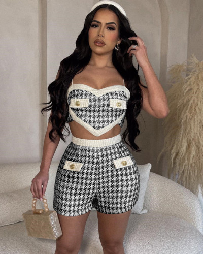 Fashionable casual women's clothing houndstooth shorts two-piece set