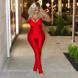 Sexy Solid Color V-Neck Bodycon Two Piece Pant Set