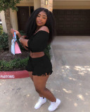 Solid Color Sexy Off Shoulder Crop Top Tassel Shorts Two Piece Outfit