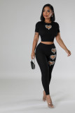 Fashionable rhinestone short-sleeved ribbed trousers casual set