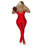 Sexy Solid Color V-Neck Bodycon Two Piece Pant Set