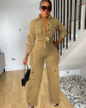 Long sleeves solid color cargo wide legs pants set