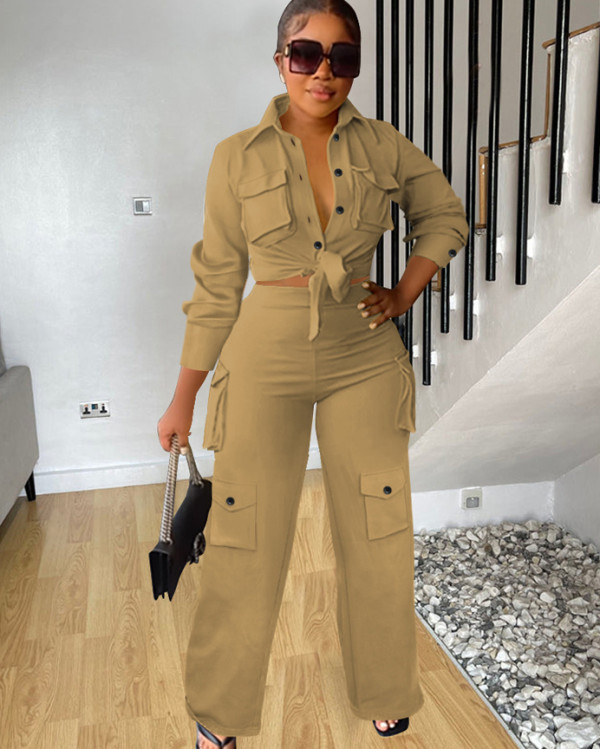 Long sleeves solid color cargo wide legs pants set