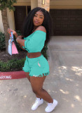 Solid Color Sexy Off Shoulder Crop Top Tassel Shorts Two Piece Outfit