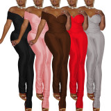 Sexy Solid Color V-Neck Bodycon Two Piece Pant Set