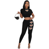 Fashionable rhinestone short-sleeved ribbed trousers casual set
