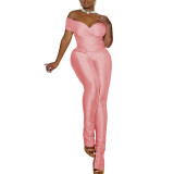 Sexy Solid Color V-Neck Bodycon Two Piece Pant Set