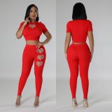 Fashionable rhinestone short-sleeved ribbed trousers casual set