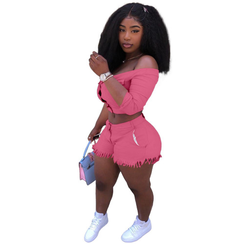 Solid Color Sexy Off Shoulder Crop Top Tassel Shorts Two Piece Outfit