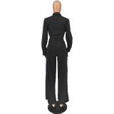 Long sleeves solid color cargo wide legs pants set