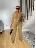 Long sleeves solid color cargo wide legs pants set