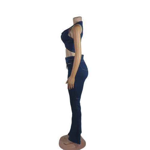 Fashionable casual stretch tassels denim pants set