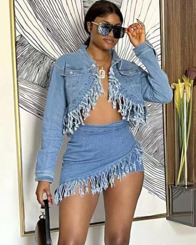 Fashionable casual stretch tassels denim skirt set